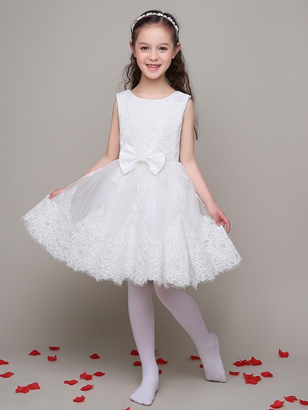 Sleeveless Whole Lace Short White Flower Girl Dress with Bows #EFL05 ...