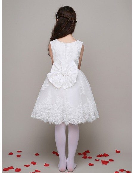 Sleeveless Whole Lace Short White Flower Girl Dress with Bows