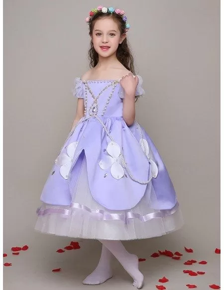 Little Girl's Taffeta Blue Beaded Pageant Dress with Lantern Sleeves