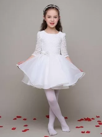 3/4 Sleeves Simple Organza Short Flower Girl Dress with Lace Top