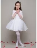 3/4 Sleeves Simple Organza Short Flower Girl Dress with Lace Top