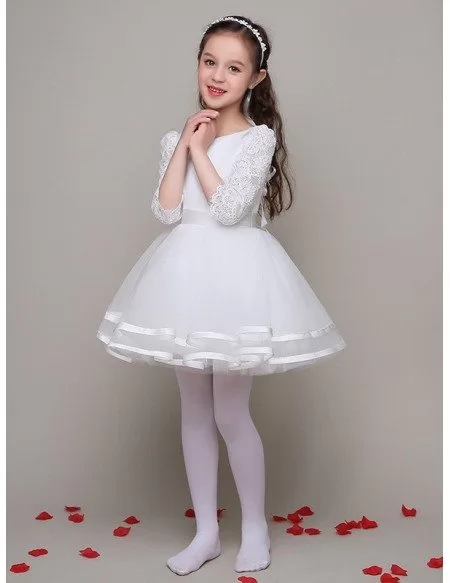 3/4 Lace Sleeves Ballroom Tulle Satin Flower Girl Dress