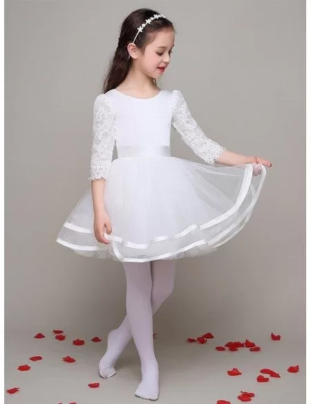 3/4 Lace Sleeves Ballroom Tulle Satin Flower Girl Dress