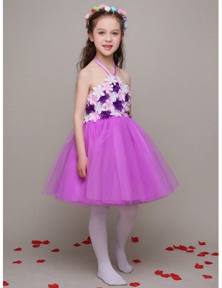 Purple Tulle Flowers Pageant Dress with Halter Strap