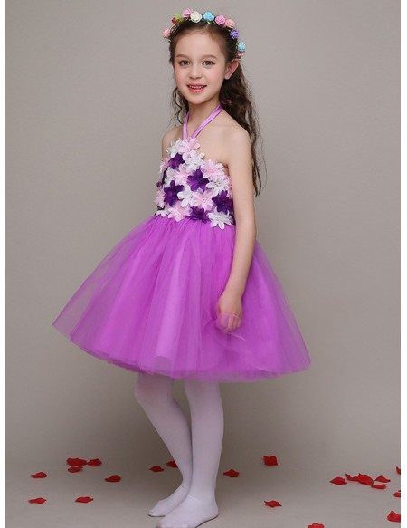 Purple Tulle Flowers Pageant Dress with Halter Strap