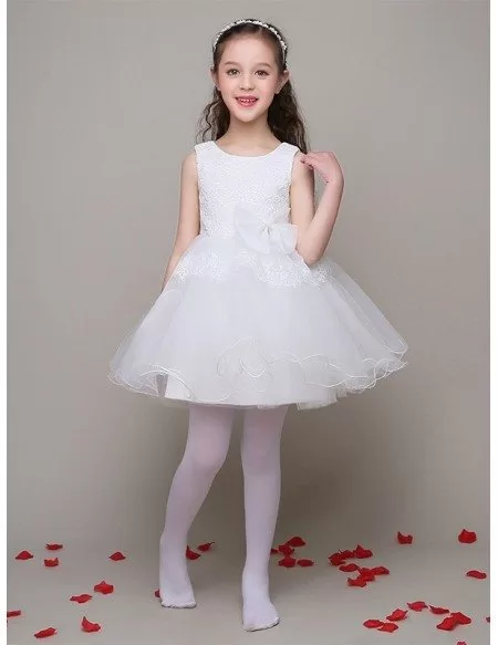 A Line Short Tulle Gown Flower Girl Dress with Lace Bodice