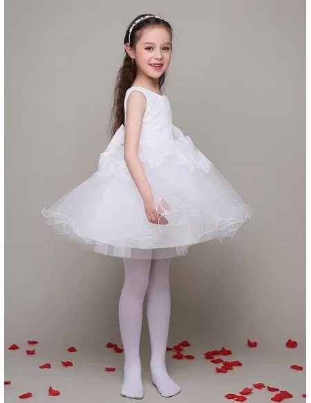 A Line Short Tulle Gown Flower Girl Dress with Lace Bodice