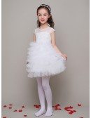 Ball Gown Tulle Layered Short Lace Flower Girl Dress with Cap Sleeves