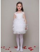 Ball Gown Tulle Layered Short Lace Flower Girl Dress with Cap Sleeves