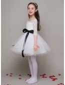Tulle Ballroom Short Lace Sleeved Flower Girl Dress with Scoop Neck