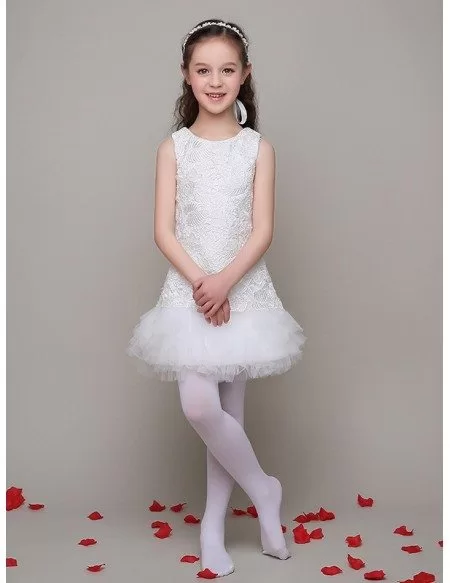 Little Girl's Slim Lace Pageant Dress with Ruffle Tulle Hem
