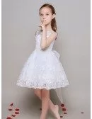 Ball Gown Lace White Short Flower Girl Dress with Beaded Sash
