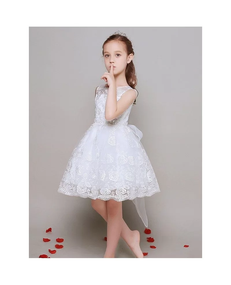 Ball Gown Lace White Short Flower Girl Dress with Beaded Sash #EFL20 ...