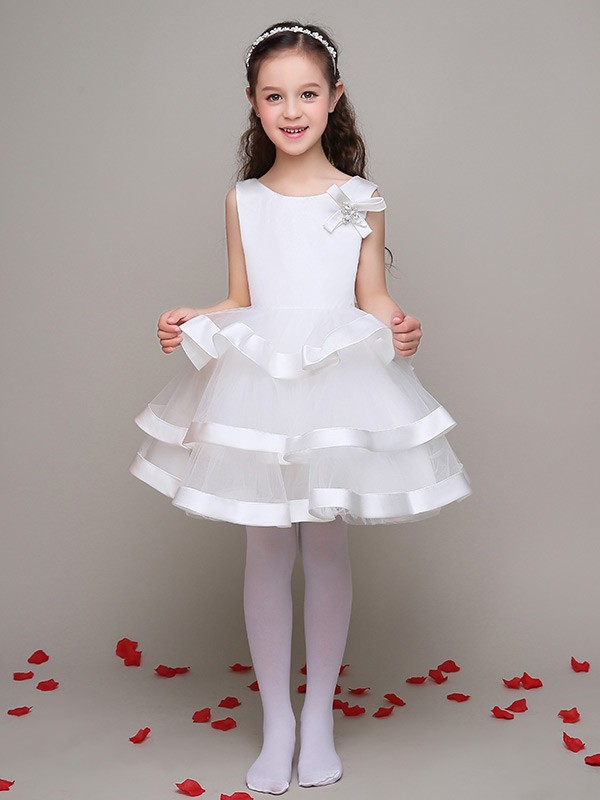 Simple Satin Tulle Layers Flower Girl Dress with Bows #EFL21 - GemGrace.com