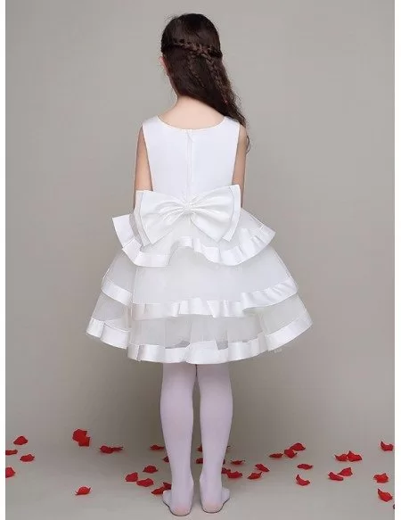 Simple Satin Tulle Layers Flower Girl Dress with Bows