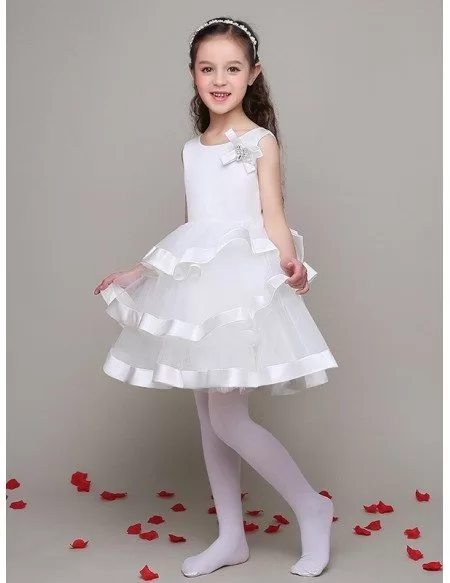 Simple Satin Tulle Layers Flower Girl Dress with Bows