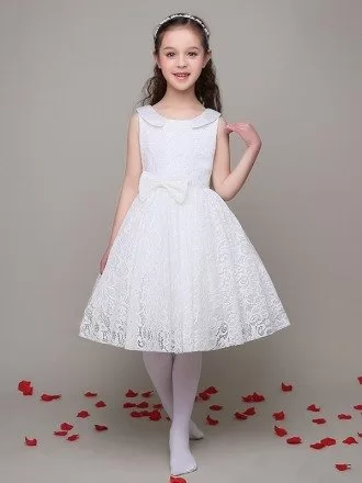 All Lace Short White Bow Flower Girl Dress with V Back