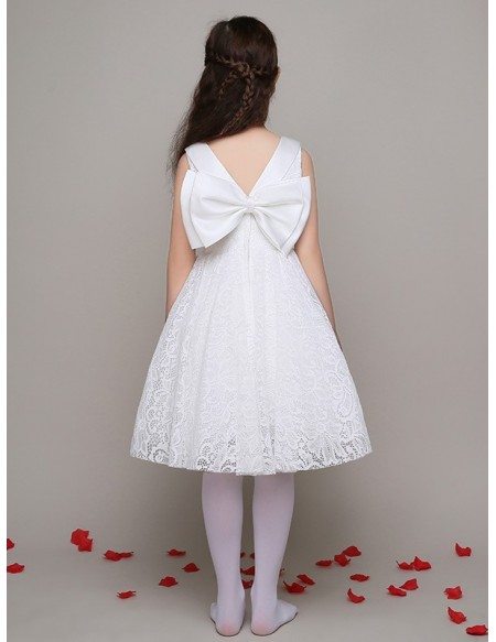 All Lace Short White Bow Flower Girl Dress with V Back