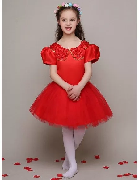 Hot Red Satin Sequin Collar Flower Girl Dress with Short Puffy Sleeves