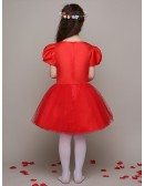 Hot Red Satin Sequin Collar Flower Girl Dress with Short Puffy Sleeves