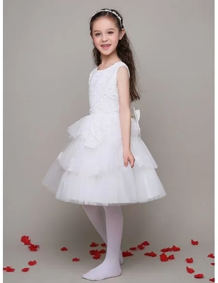 Short Tulle Layers Lace Flower Girl Dress with Big Bow In the Back