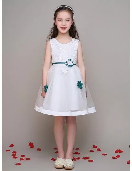 Lace Short White Little Girl's Dress with Blue Flowers