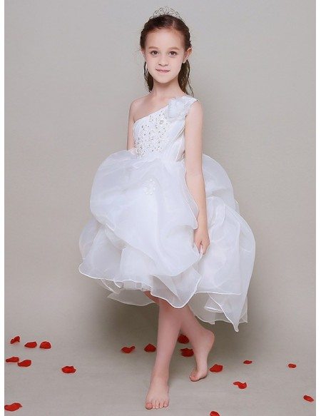 Short Ruffled Lace Beaded Organza Pageant Dress in One Shoulder
