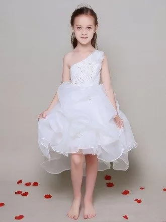 Short Ruffled Lace Beaded Organza Pageant Dress in One Shoulder