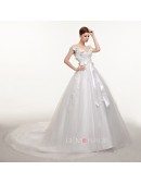 Lace Cap Sleeves Long Train Ballgown Wedding Dress with Bow Sash