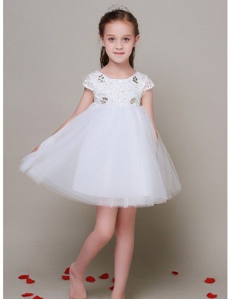 Short Tulle Empire Waist Lace Flower Girl Dress with Cap Sleeves
