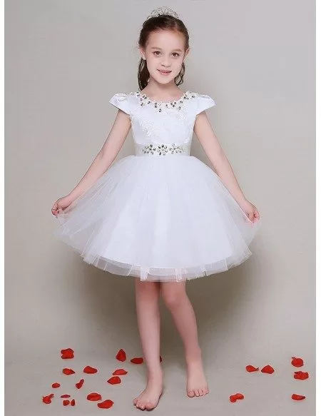 Cap Sleeve Crystal Embroidery Short Tulle Flower Girl Dress