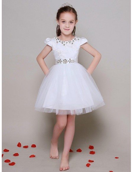 Cap Sleeve Crystal Embroidery Short Tulle Flower Girl Dress