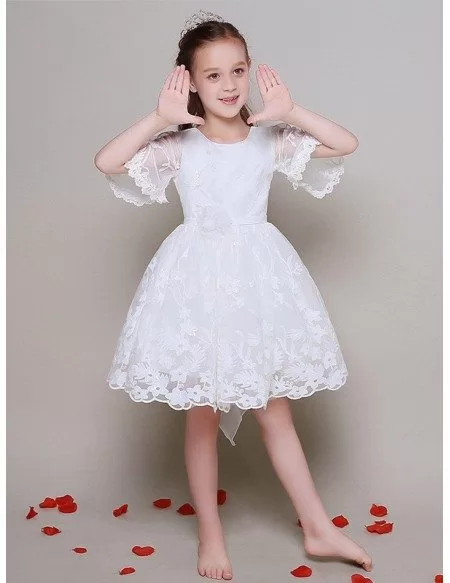 Short Sleeved Ball Gown Lace Pageant Dress for Little Girls