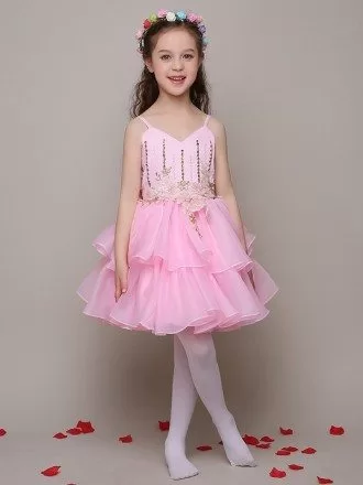 Lovely Pink Beaded Applique Pageant Dress with Spaghetti Straps