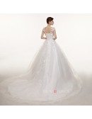 Lace Cap Sleeves Long Train Ballgown Wedding Dress with Bow Sash