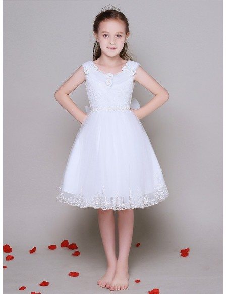 Short A Line Lace Tulle Flower Girl Dress without Sleeves