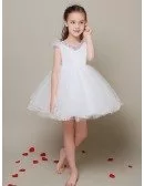 Cap Sleeves Ball Gown White Tulle Flower Girl Dress with Beaded Sweetheart Neck
