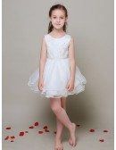 Simple A Line Short Lace Flower Girl Dress with Beaded Waist