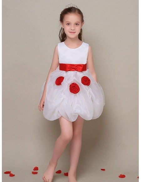 Simple Short White Flower Girl Dress with Red Sash