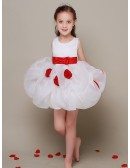 Simple Short White Flower Girl Dress with Red Sash