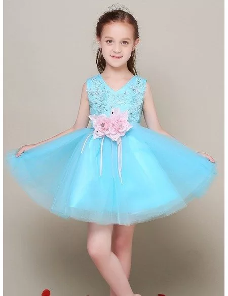 Short Lace Blue Tulle Flower Girl Dress