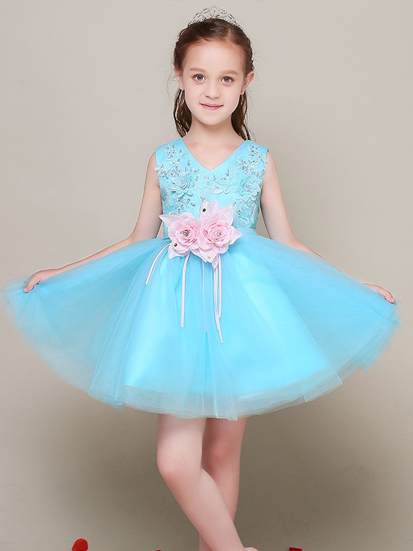 Short Lace Blue Tulle Flower Girl Dress #EFL43 - GemGrace.com