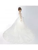 White Lace Long Train Flower Girl Dress with Diamond Waist