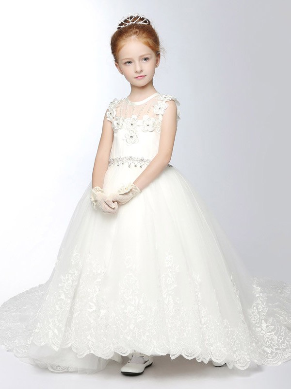 White Lace Long Train Flower Girl Dress with Diamond Waist #EFS01 ...