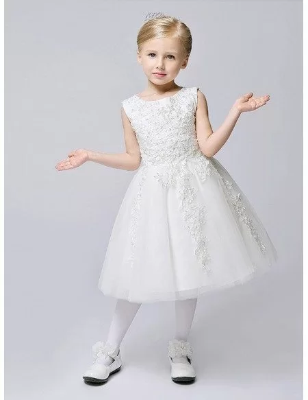Short A Line Lace Tulle White Flower Girl Dress