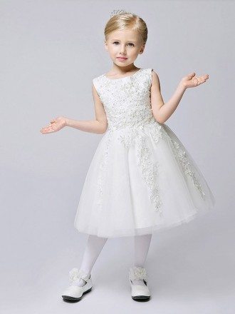 Short A Line Lace Tulle White Flower Girl Dress