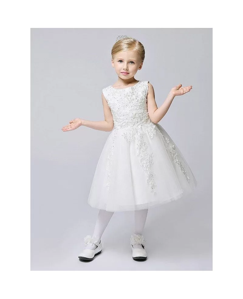 Short A Line Lace Tulle White Flower Girl Dress #EFS02 - GemGrace.com