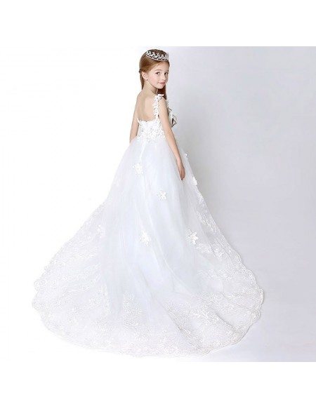 One Shoulder Long Lace Applique Flower Girl Dress with Cathedral Train