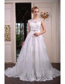 Ball-Gown Scoop Neck Chaple Train Tulle Wedding Dress With Beading Appliquer Lace