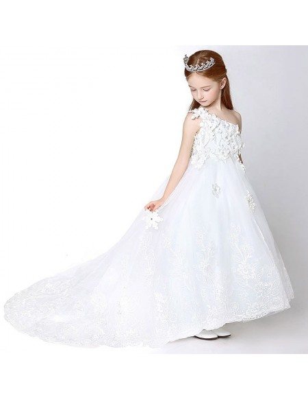 One Shoulder Long Lace Applique Flower Girl Dress with Cathedral Train